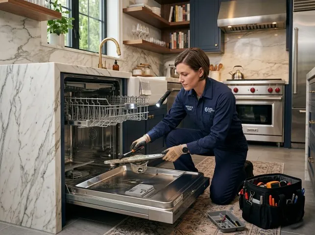 Appliance Repair Hero technician servicing a built-in dishwasher in a Arcadia, SC kitchen
