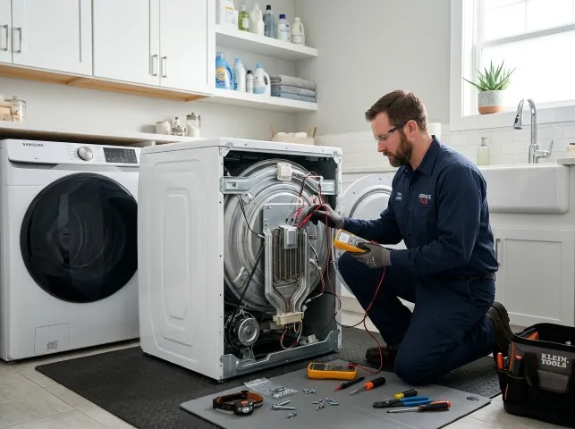 Appliance Repair Hero technician checking a dryer heating element with the rear panel off in Arcadia, SC