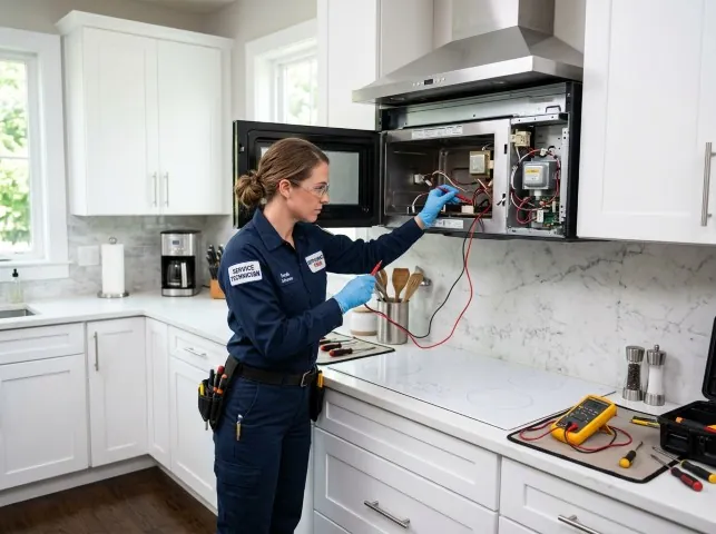 Appliance Repair Hero technician testing an over-the-range microwave in a Arcadia, SC kitchen