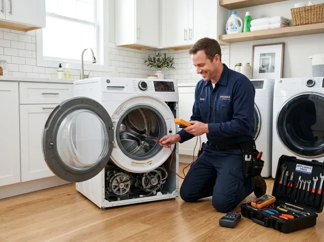 Appliance Repair Hero technician testing a front-load washer with a multimeter on a Arcadia, SC service call